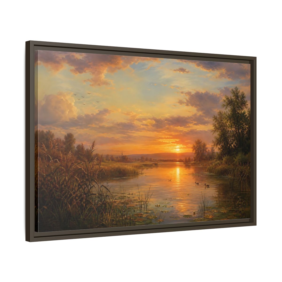 Side Mockup 11. Golden Sunset Over Lake shown as framed canvas print