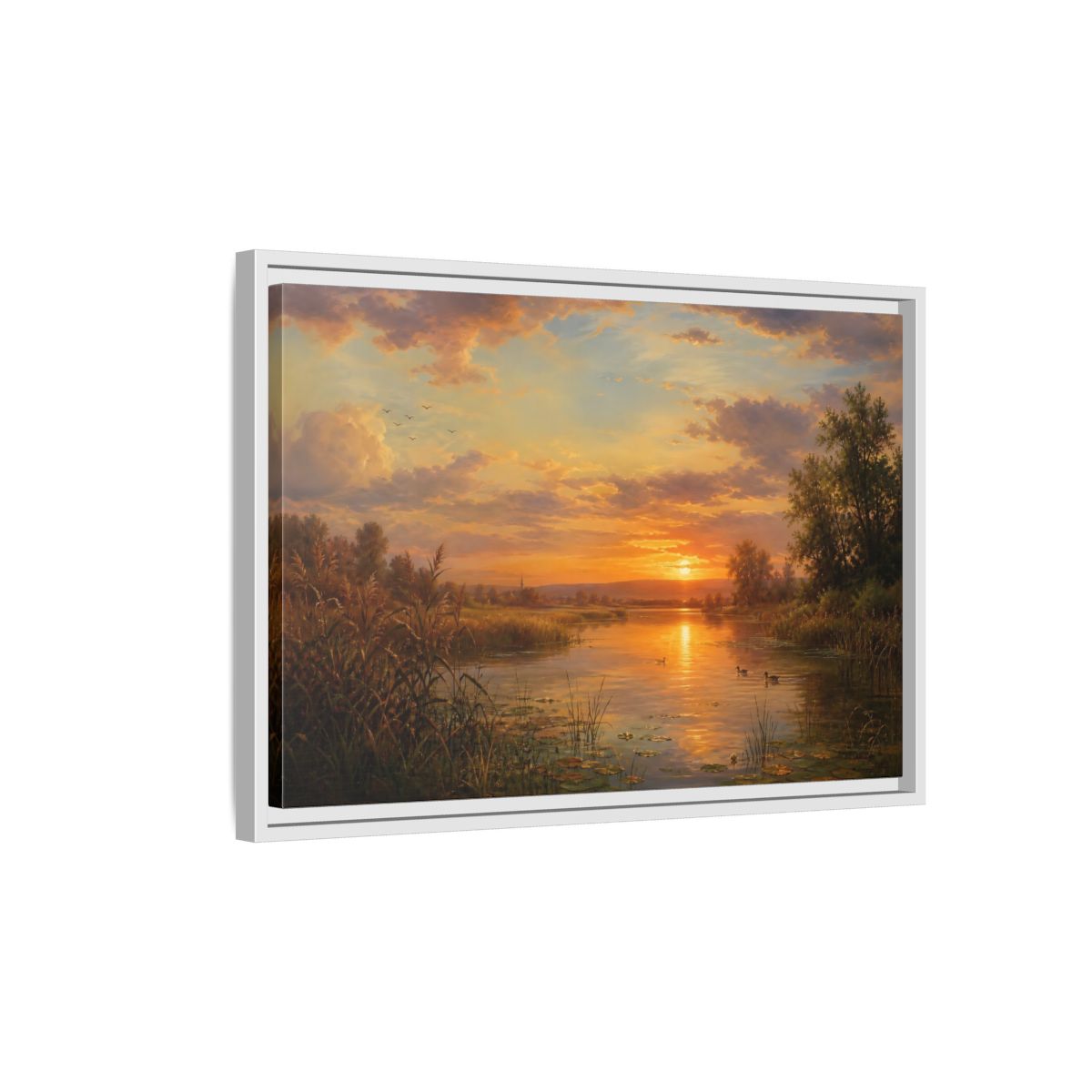 Side Mockup 1. Golden Sunset Over Lake shown as framed canvas print