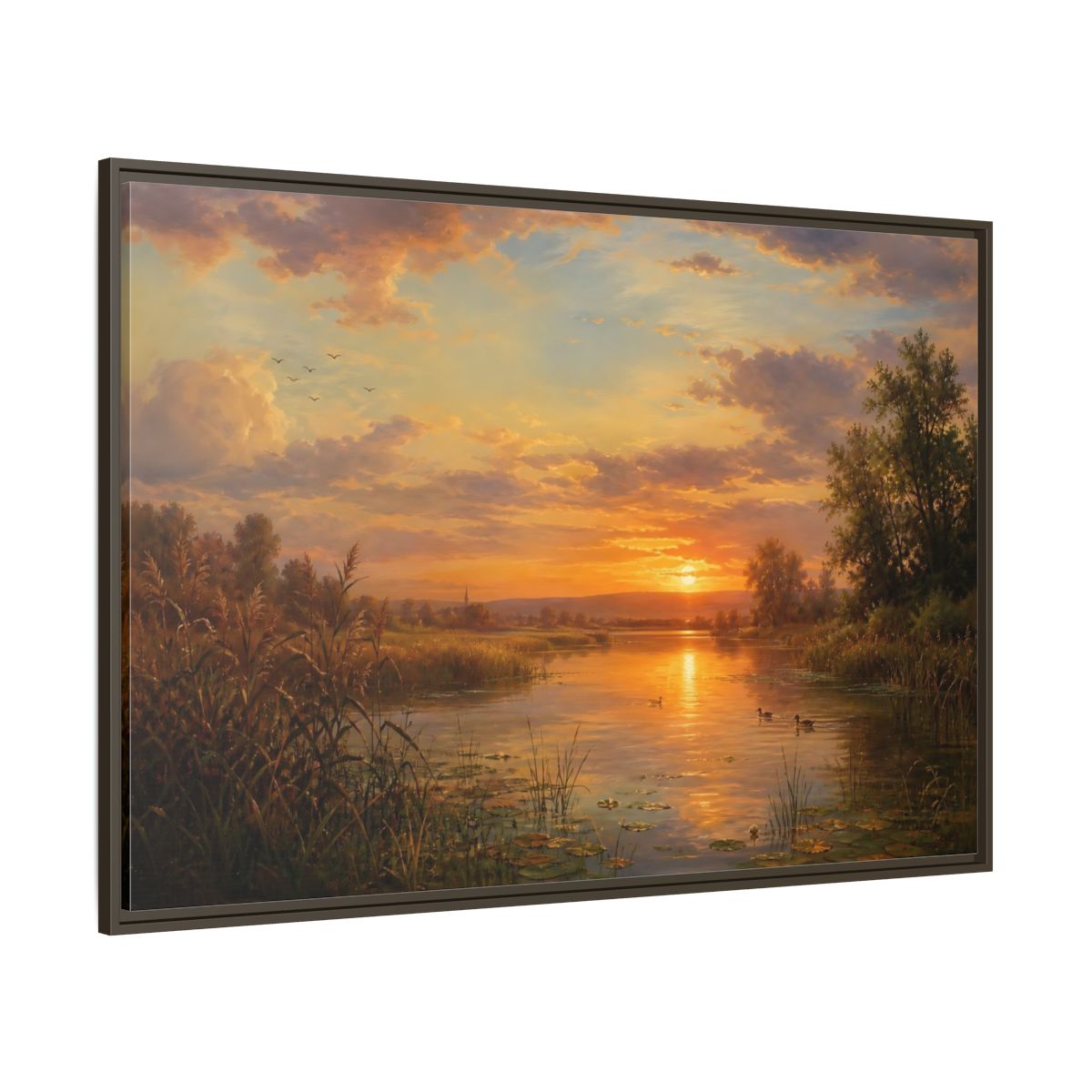 Side Mockup 8. Golden Sunset Over Lake shown as framed canvas print