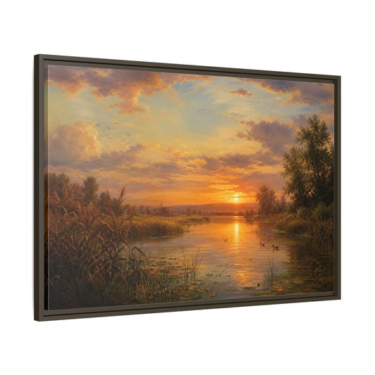 Main Mockup. Golden Sunset Over Lake shown as framed canvas print