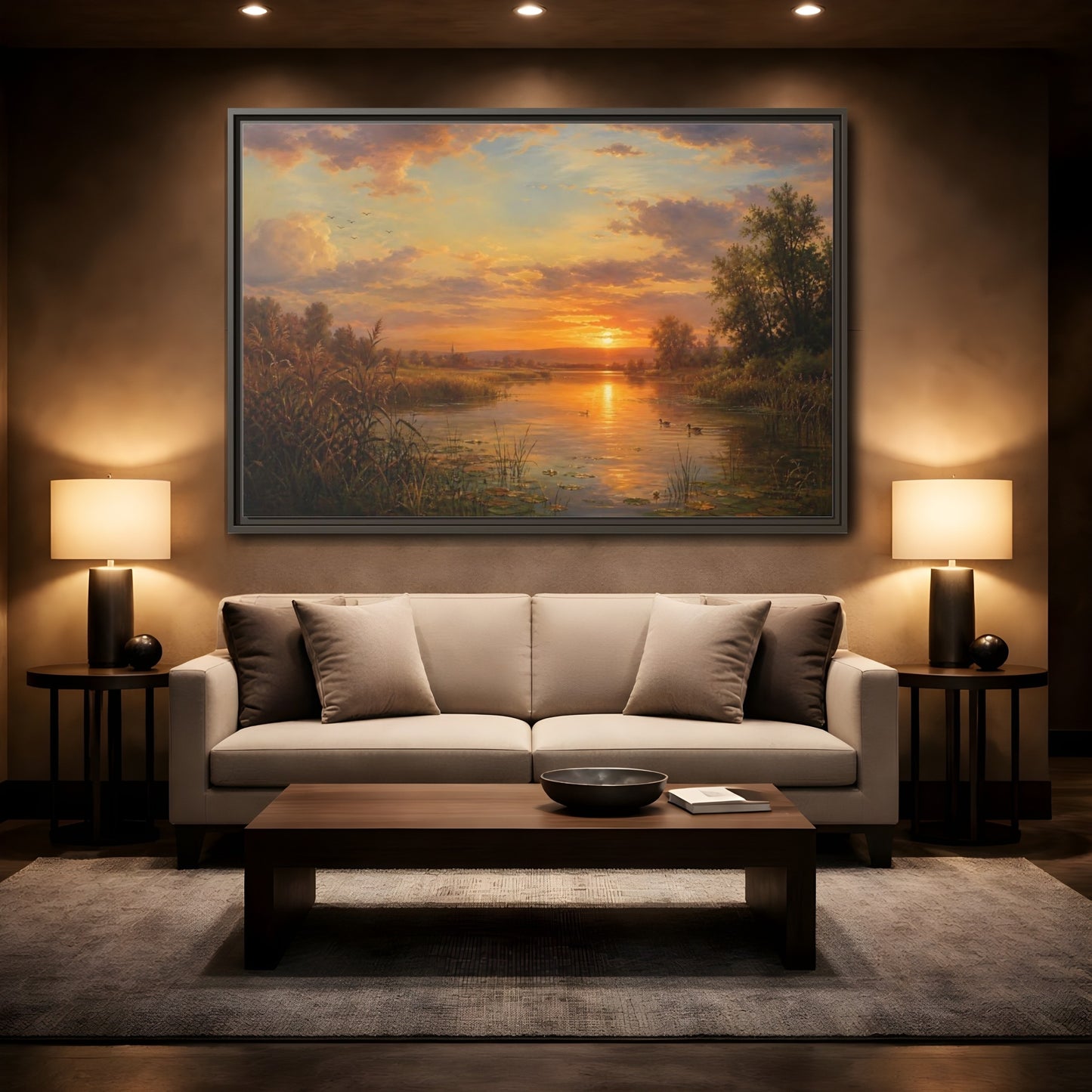 Mockup 2. Golden Sunset Over Lake shown as framed canvas print