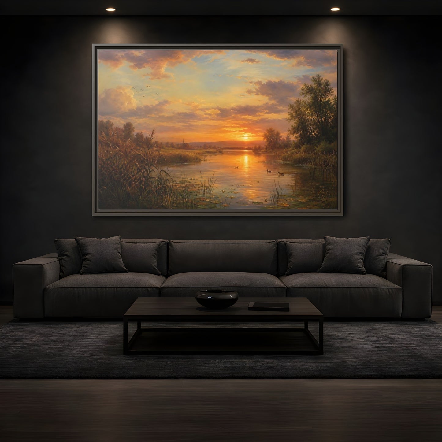 Mockup 3. Golden Sunset Over Lake shown as framed canvas print