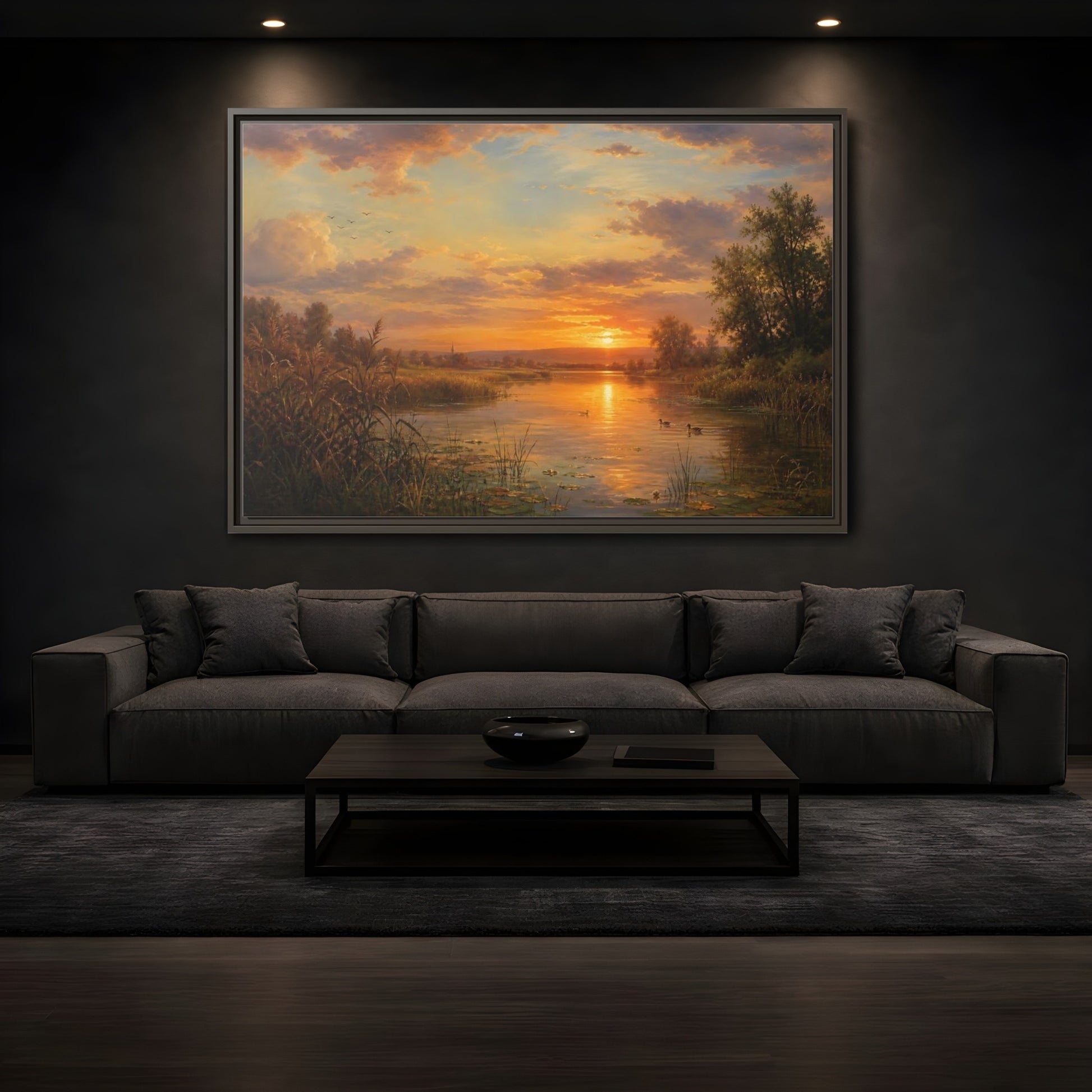 Mockup 3. Golden Sunset Over Lake shown as framed canvas print