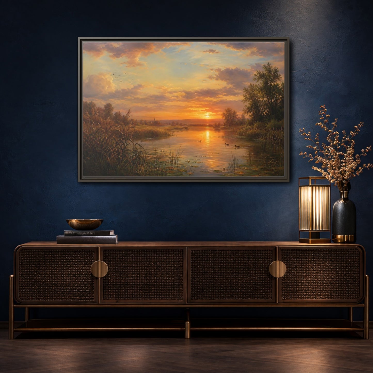 Mockup 4. Golden Sunset Over Lake shown as framed canvas print