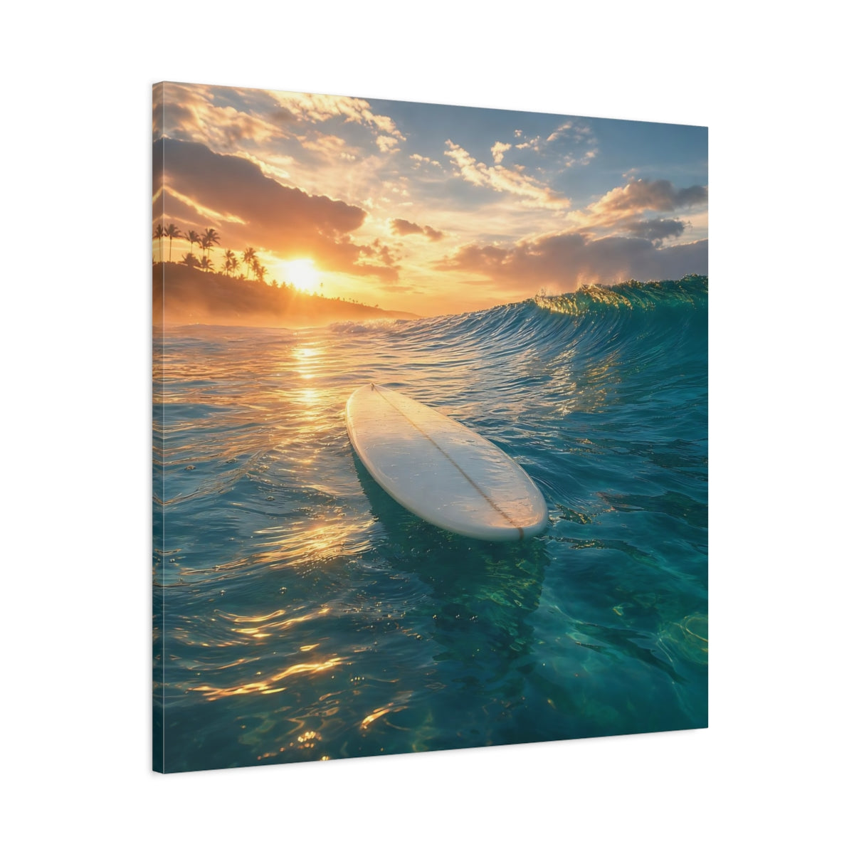 Main Mockup. Golden Sunset Surfboard shown as canvas print