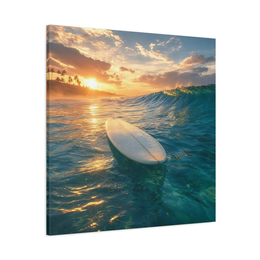 Main Mockup. Golden Sunset Surfboard shown as canvas print