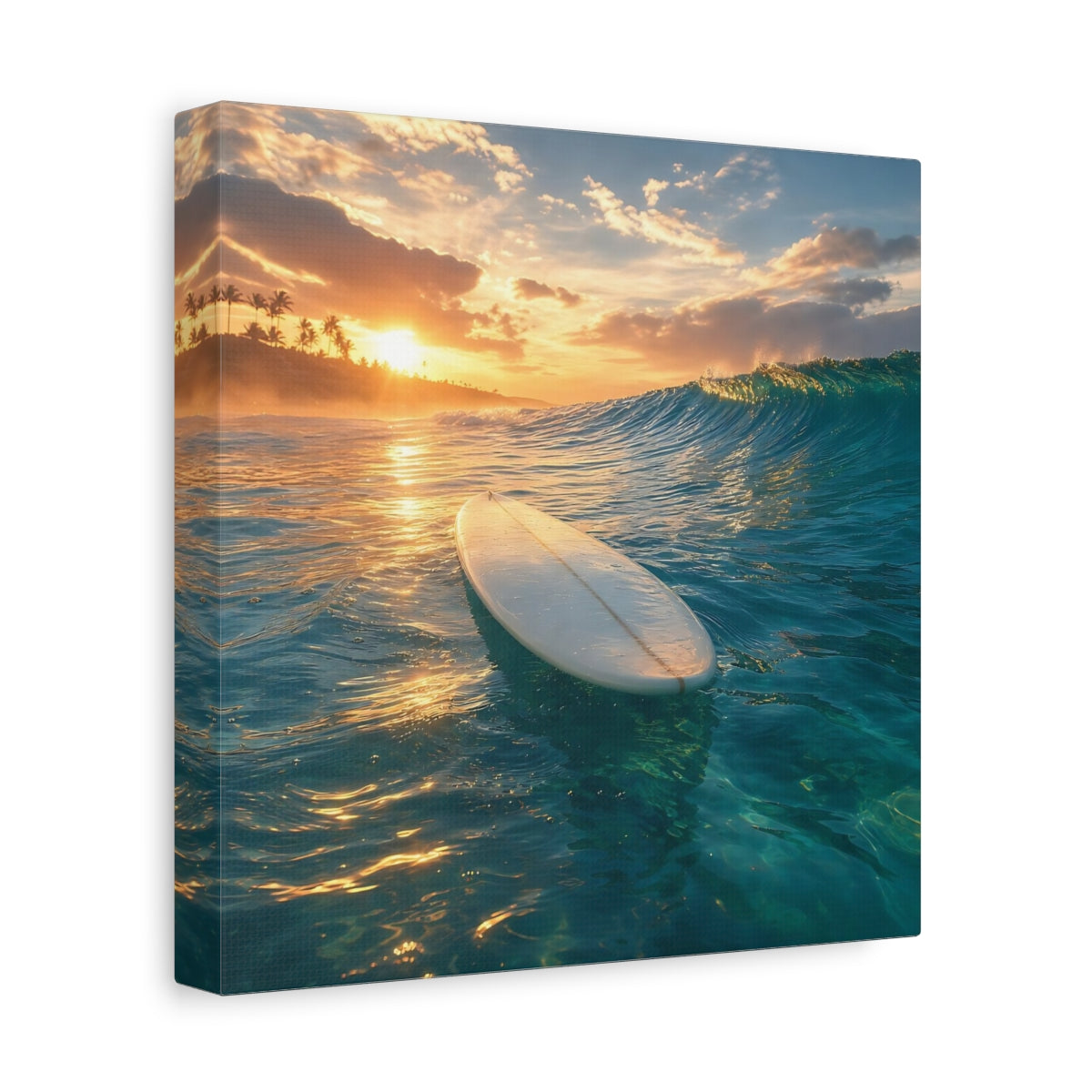 Side Mockup 9. Golden Sunset Surfboard shown as canvas print