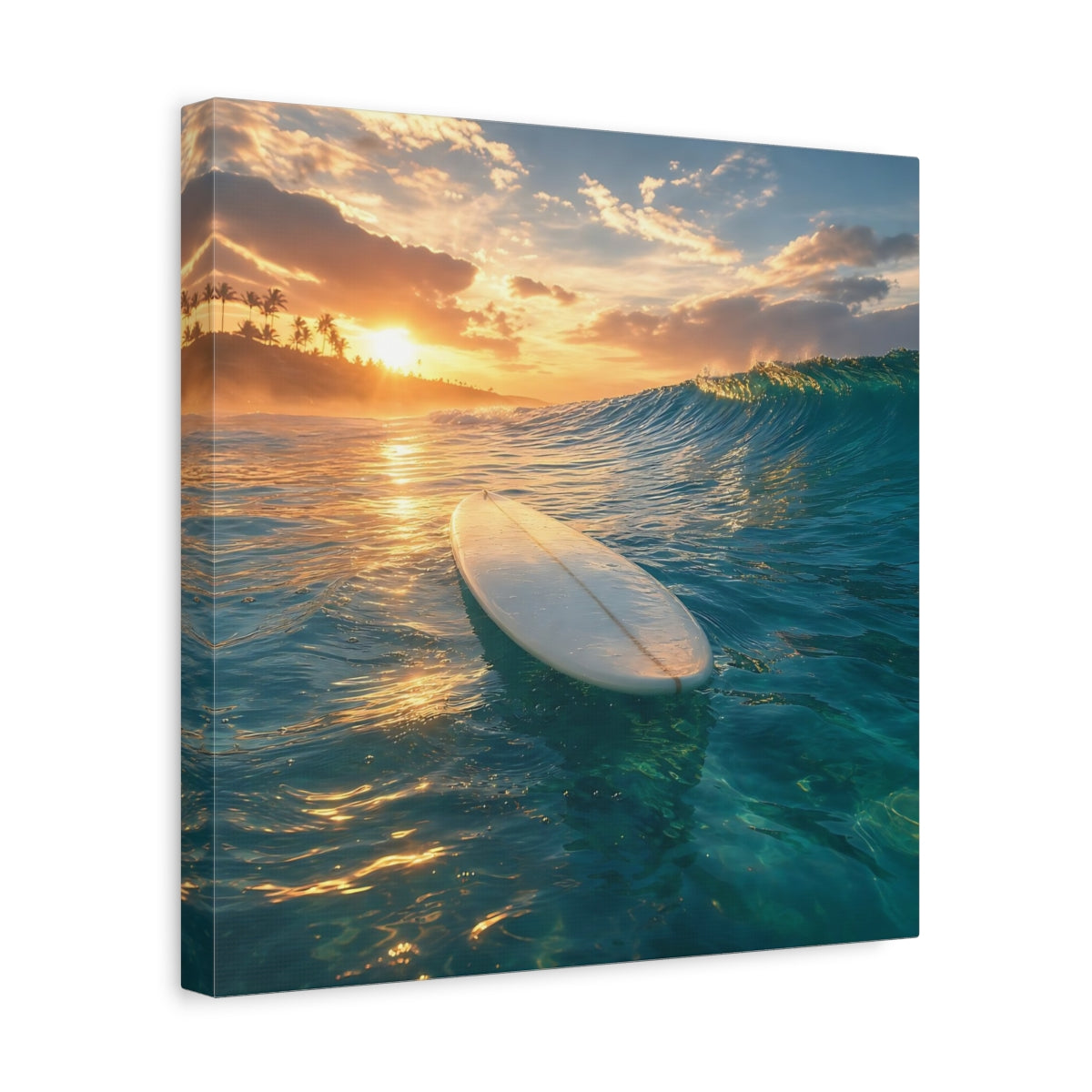 Side Mockup 7. Golden Sunset Surfboard shown as canvas print