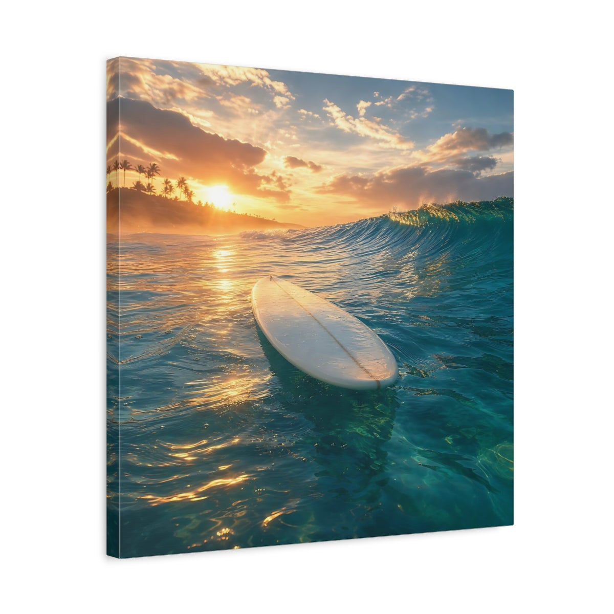 Side Mockup 5. Golden Sunset Surfboard shown as canvas print
