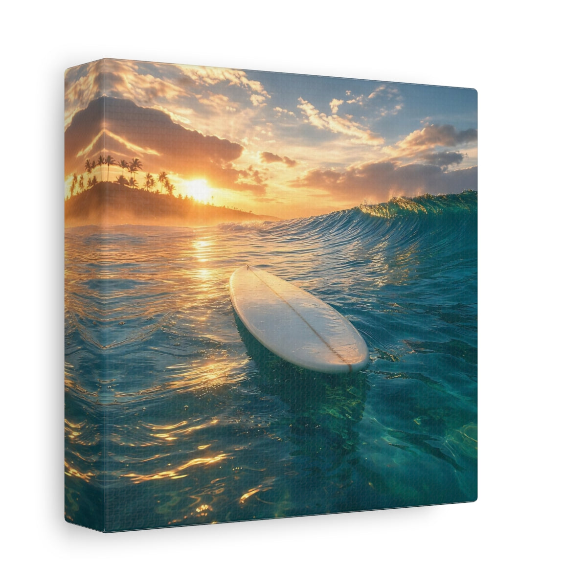 Side Mockup 2. Golden Sunset Surfboard shown as canvas print