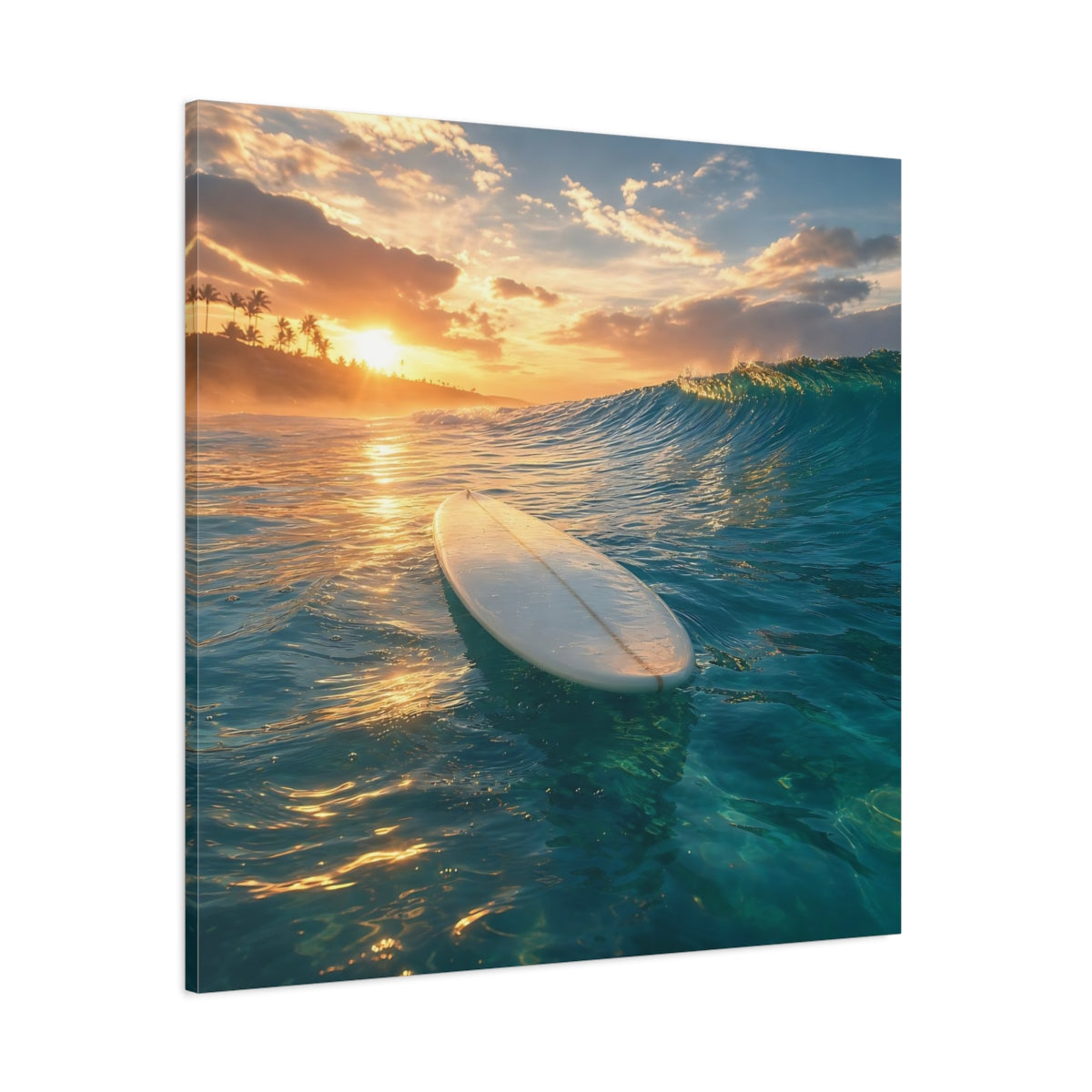 Side Mockup 1. Golden Sunset Surfboard shown as canvas print