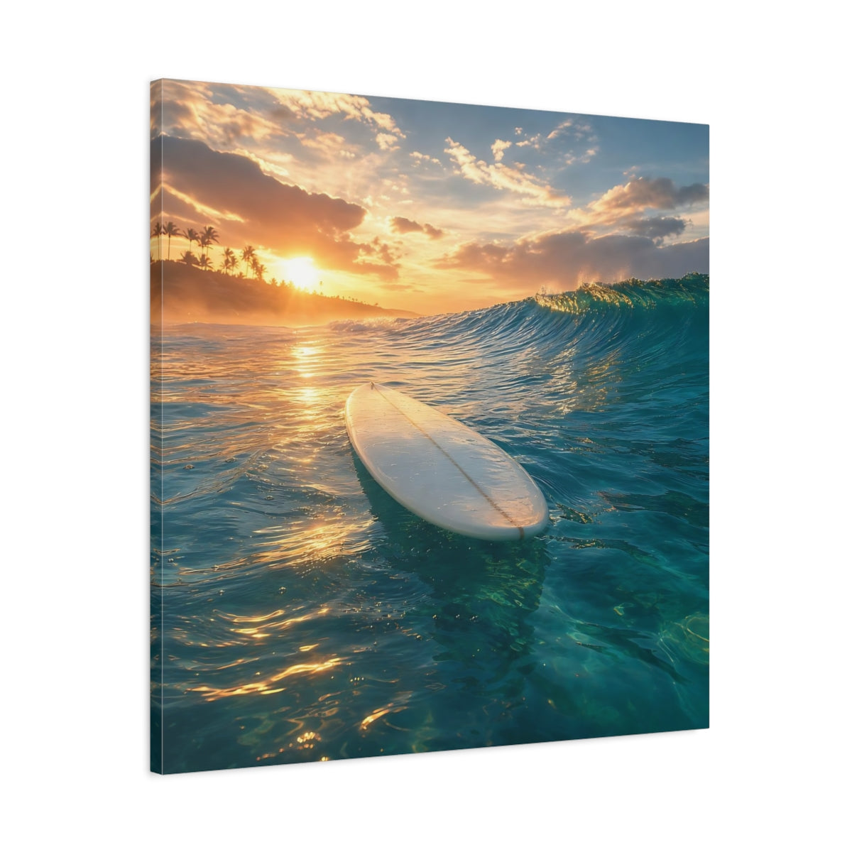 Side Mockup 3. Golden Sunset Surfboard shown as canvas print
