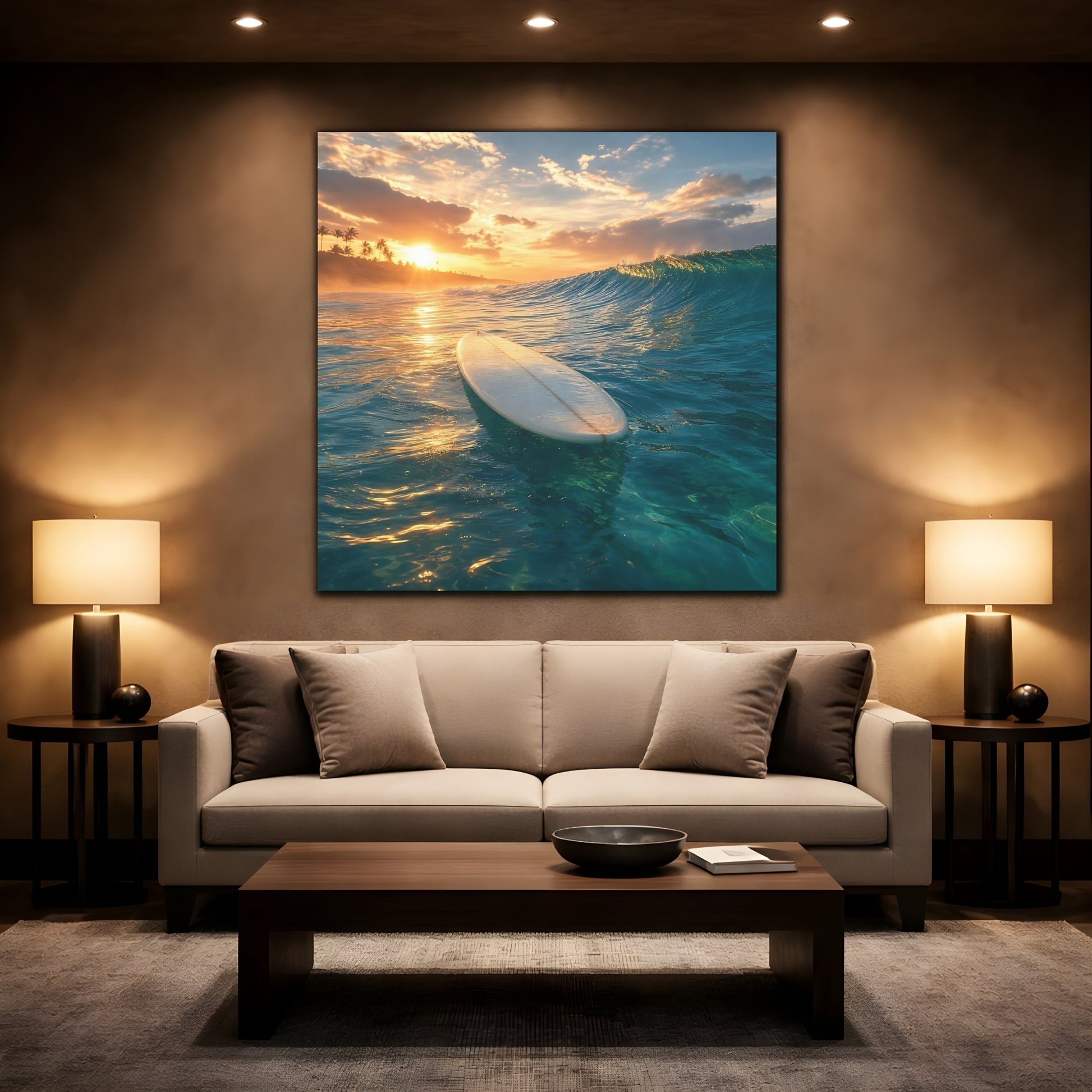 Mockup 2. Golden Sunset Surfboard shown as canvas print