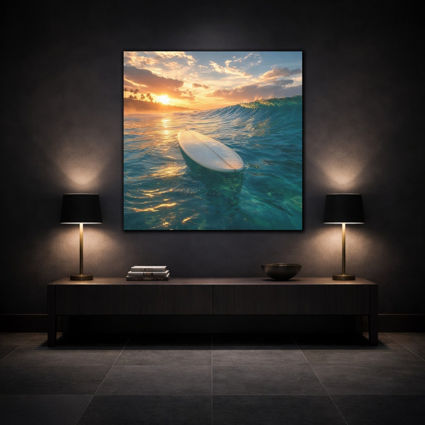 Mockup 3. Golden Sunset Surfboard shown as canvas print