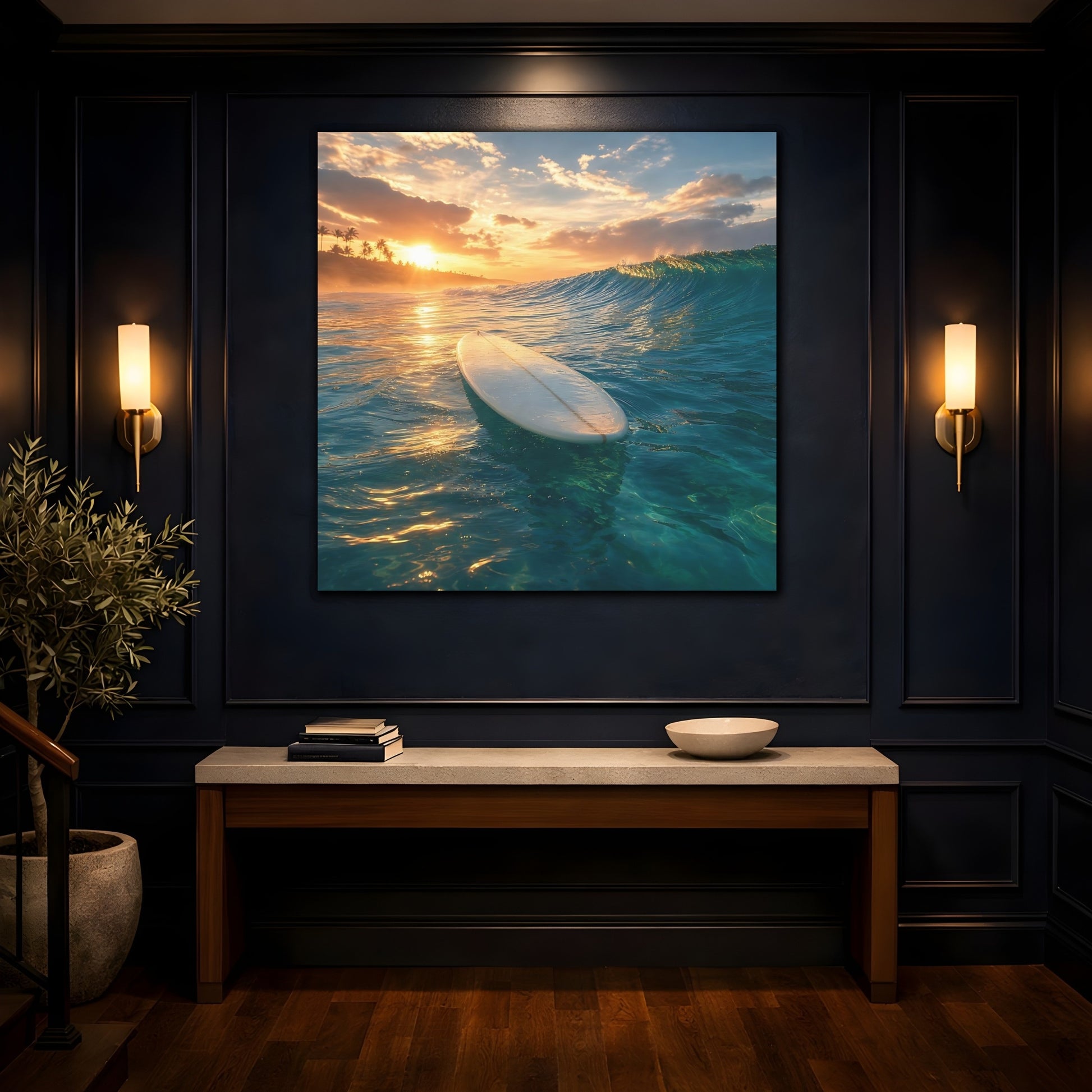 Mockup 4. Golden Sunset Surfboard shown as canvas print
