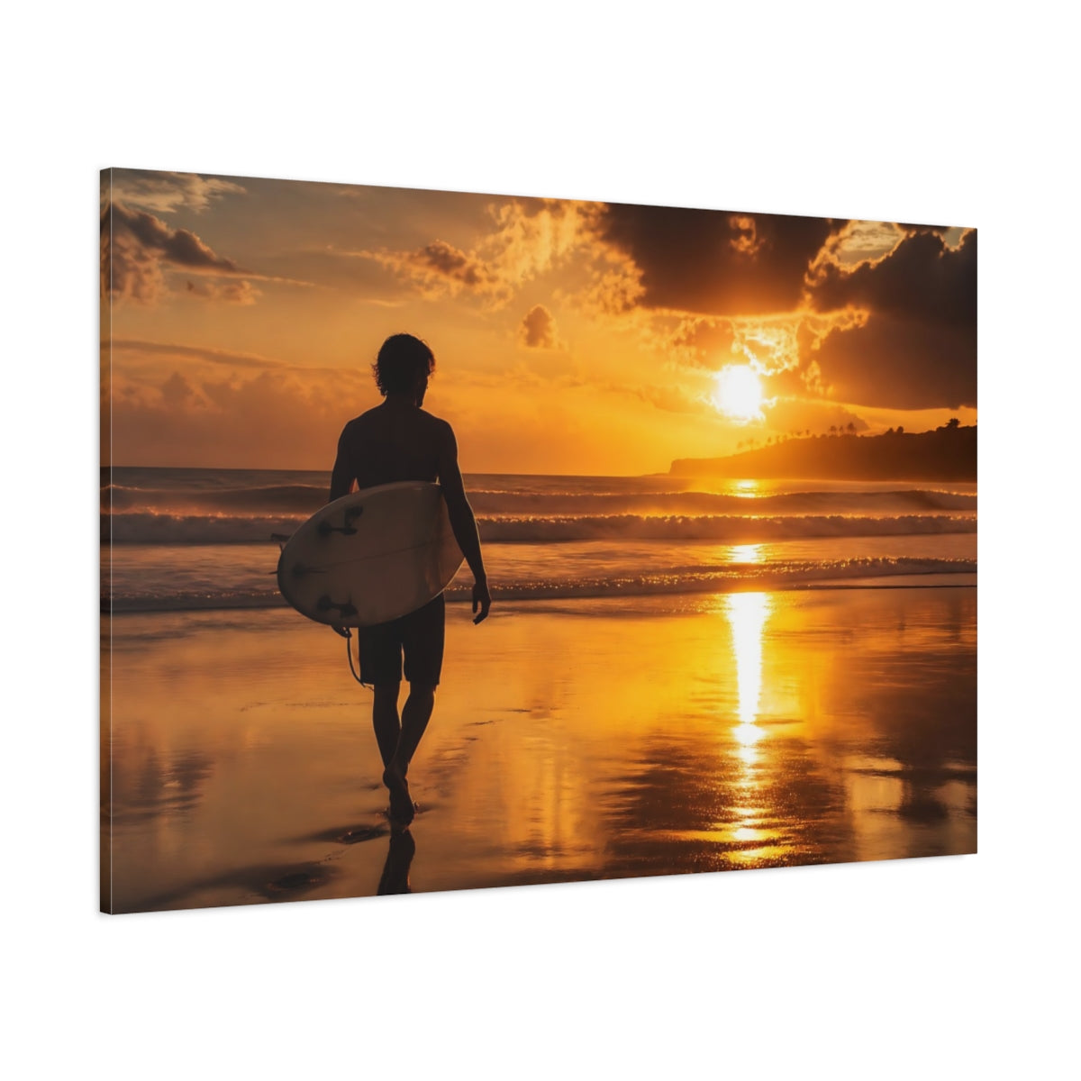Side Mockup 1. Golden Sunset Surfer shown as canvas print