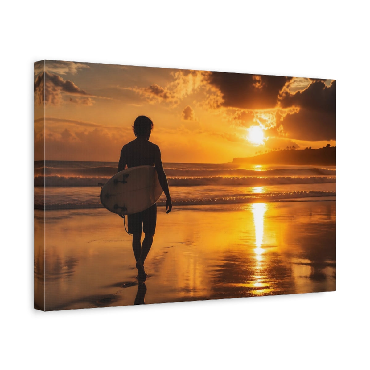 Side Mockup 4. Golden Sunset Surfer shown as canvas print