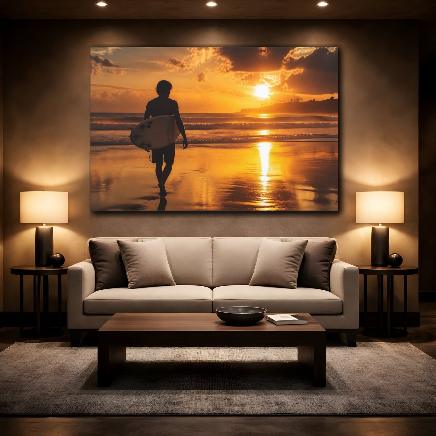 Mockup 2. Golden Sunset Surfer shown as canvas print