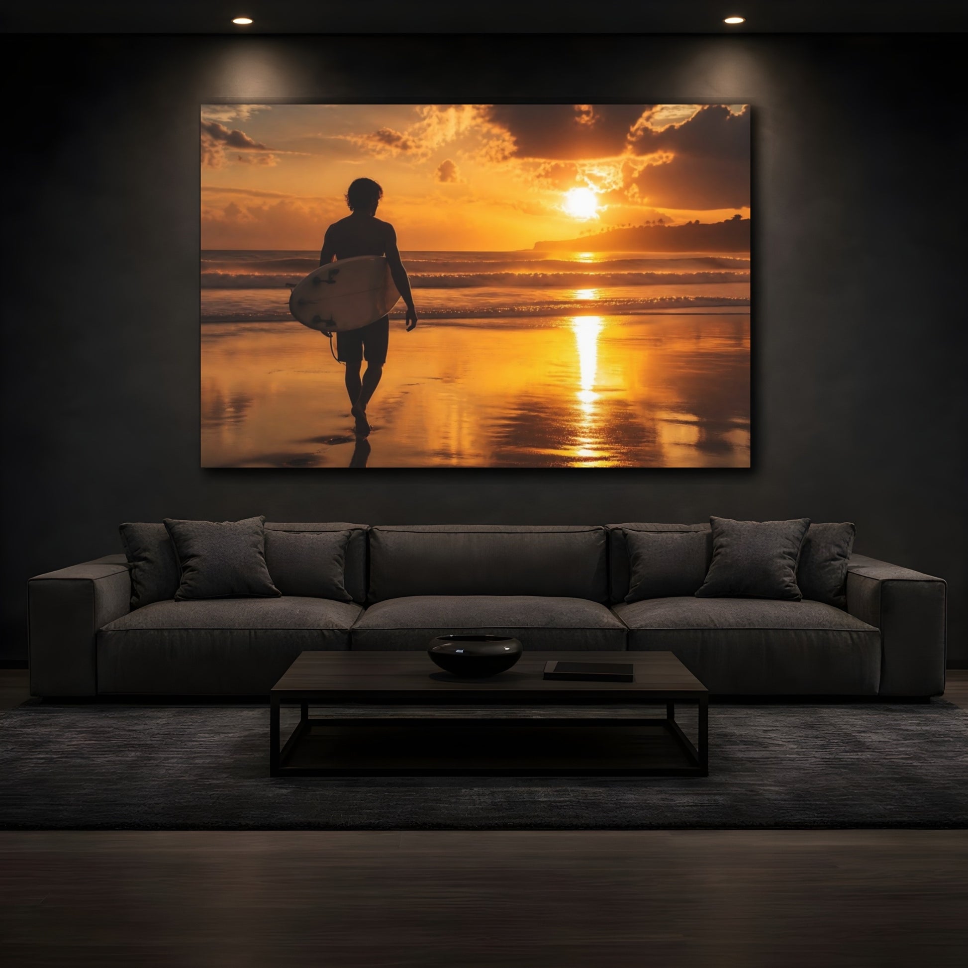 Mockup 3. Golden Sunset Surfer shown as canvas print