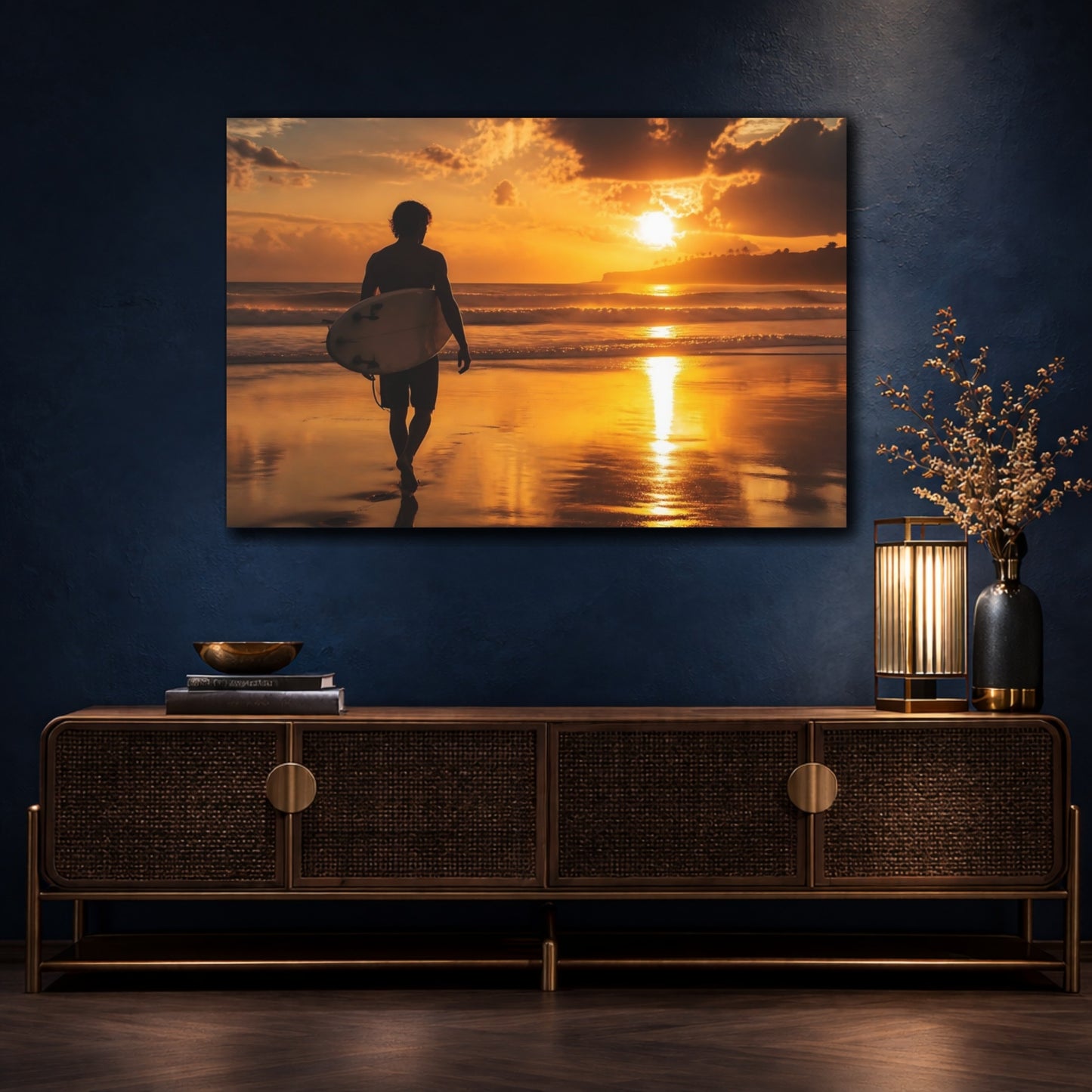 Mockup 4. Golden Sunset Surfer shown as canvas print