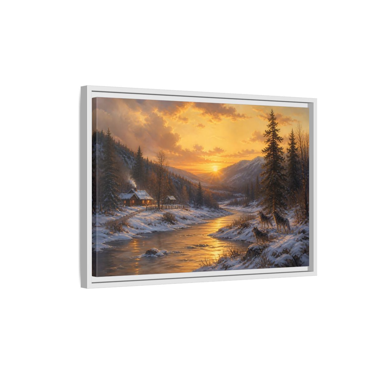 Side Mockup 1. Golden Sunset Wolf Pack shown as framed canvas print
