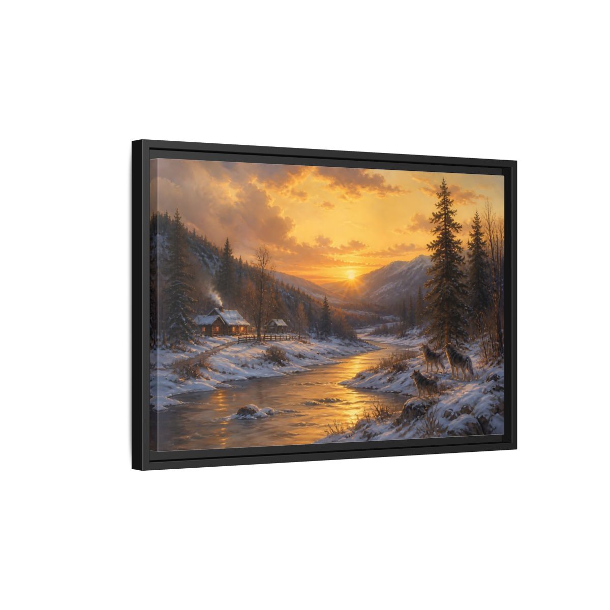 Side Mockup 3. Golden Sunset Wolf Pack shown as framed canvas print