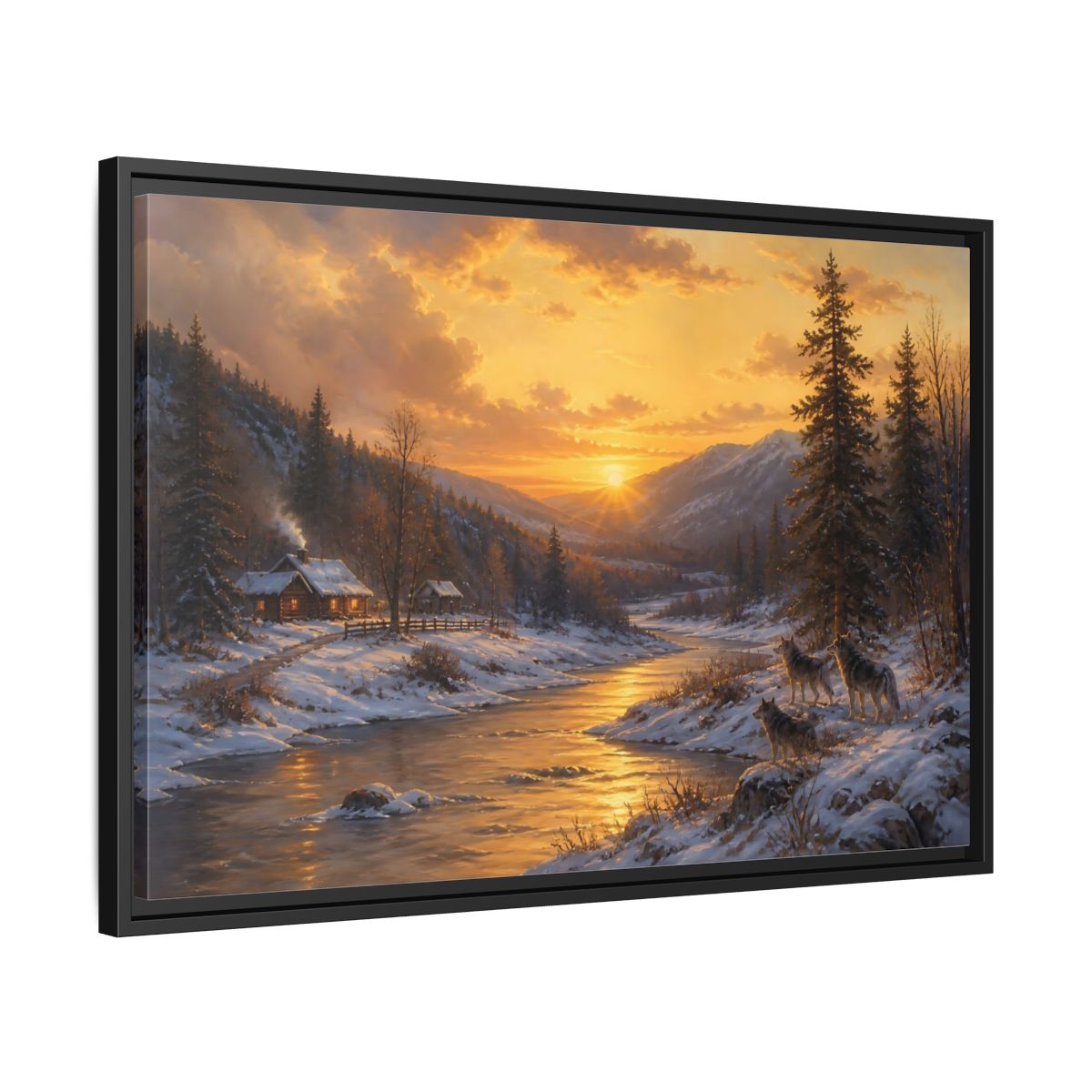 Side Mockup 14. Golden Sunset Wolf Pack shown as framed canvas print