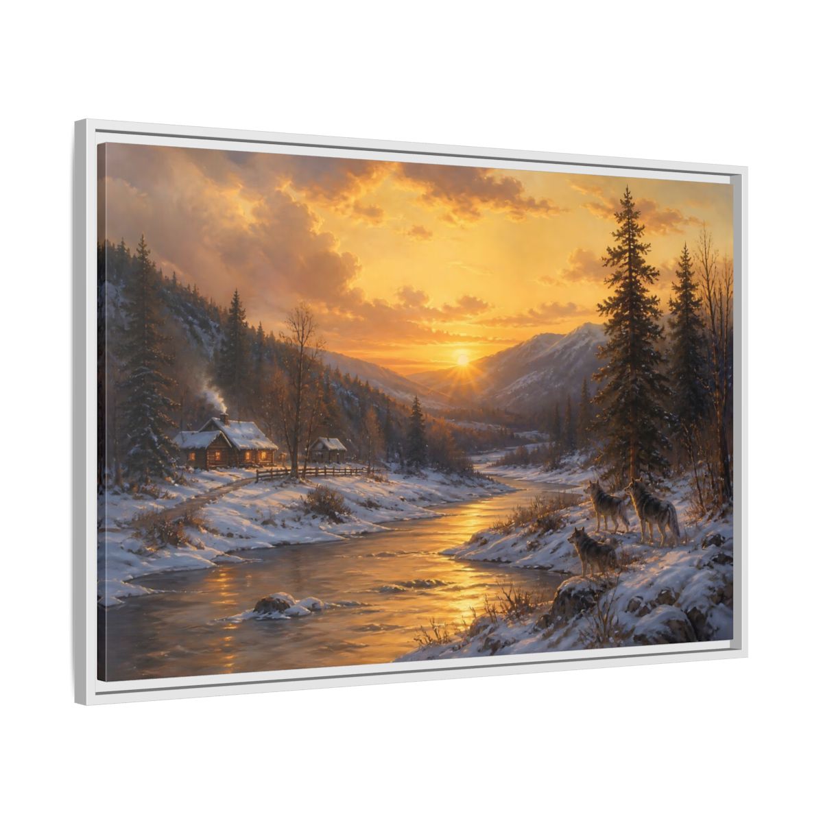 Side Mockup 9. Golden Sunset Wolf Pack shown as framed canvas print
