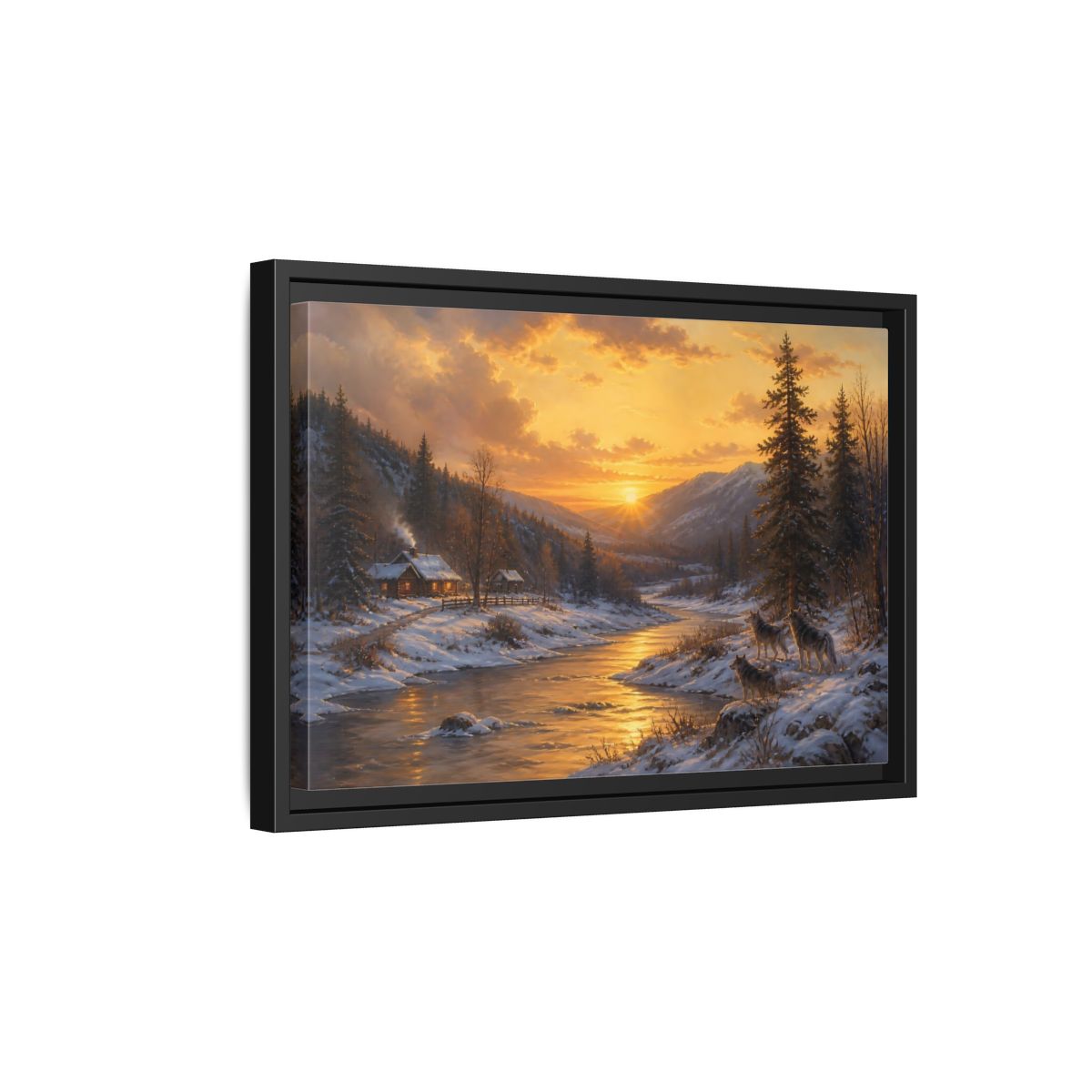 Side Mockup 6. Golden Sunset Wolf Pack shown as framed canvas print