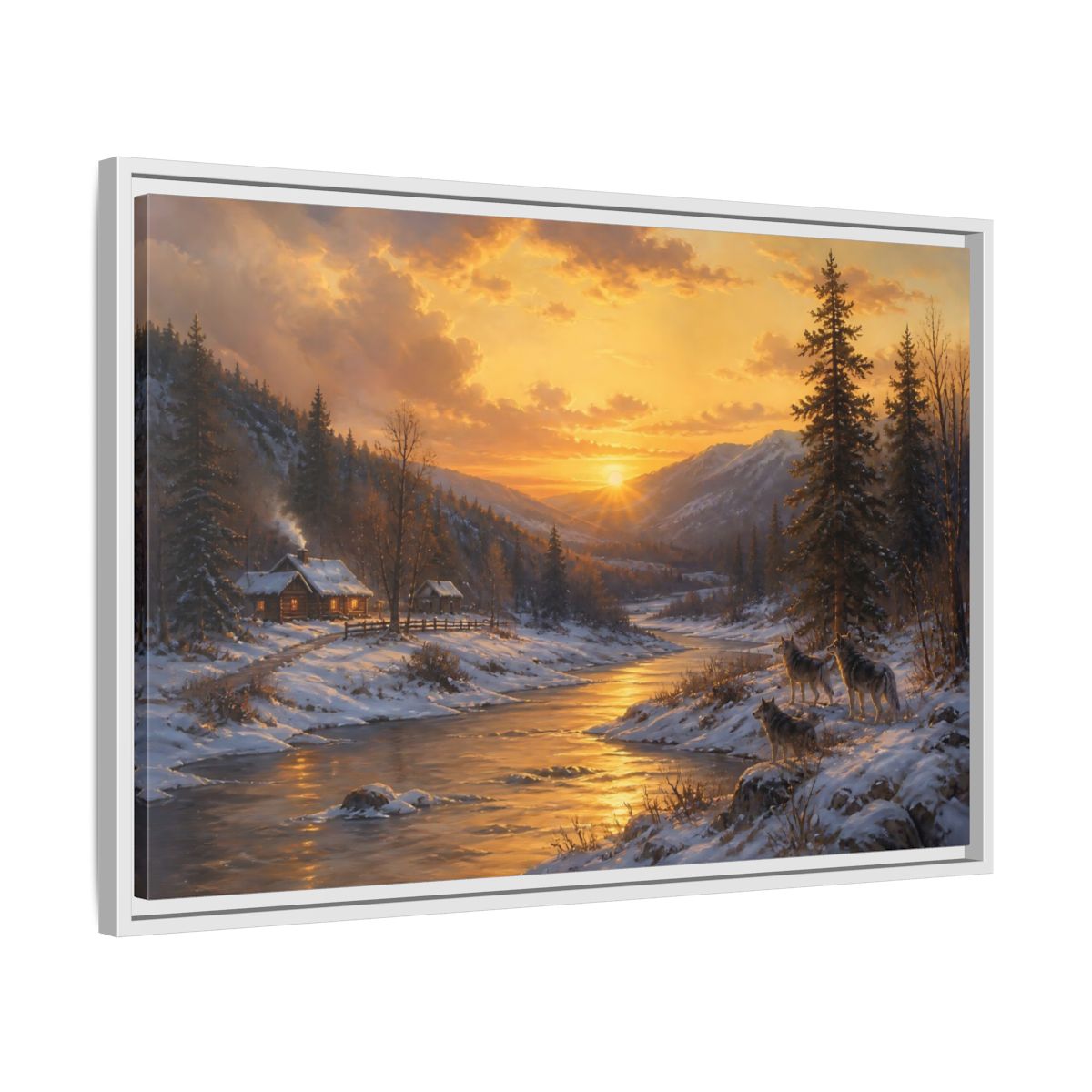 Side Mockup 10. Golden Sunset Wolf Pack shown as framed canvas print