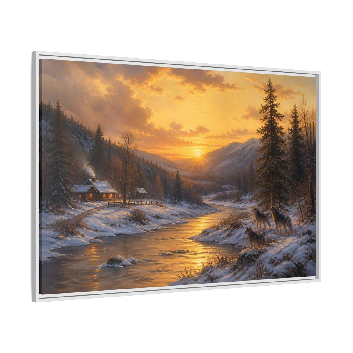 Side Mockup 7. Golden Sunset Wolf Pack shown as framed canvas print