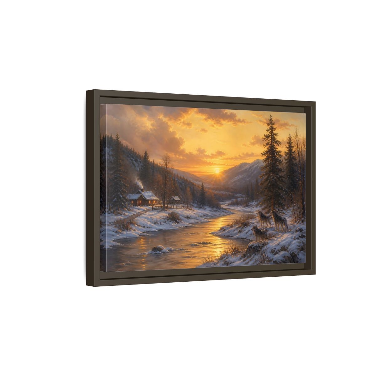Side Mockup 5. Golden Sunset Wolf Pack shown as framed canvas print