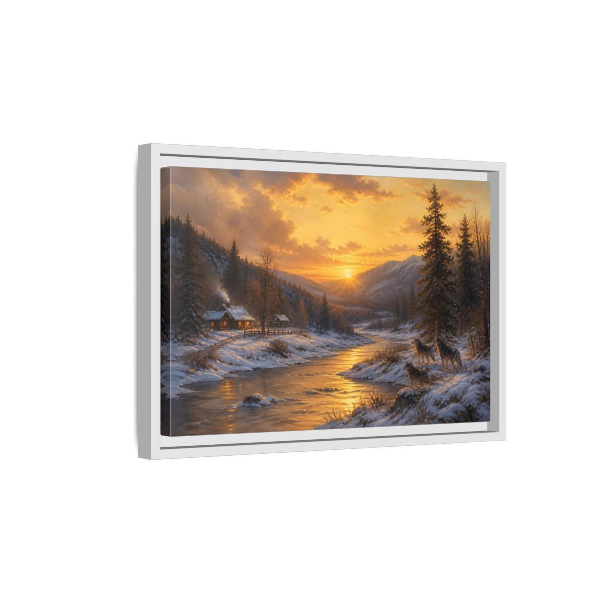 Side Mockup 4. Golden Sunset Wolf Pack shown as framed canvas print