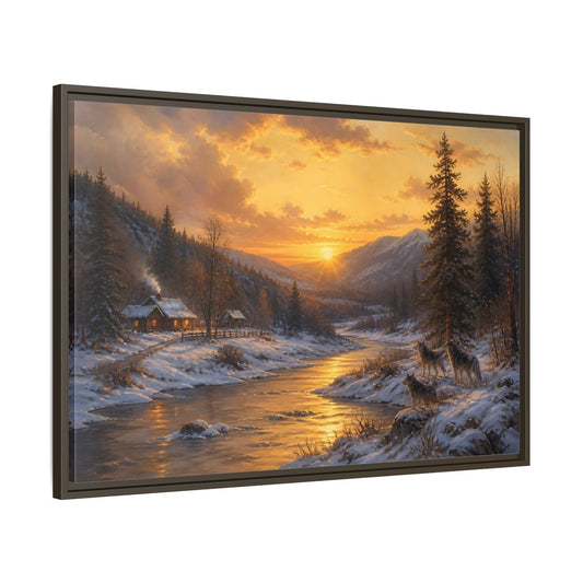 Main Mockup. Golden Sunset Wolf Pack shown as framed canvas print