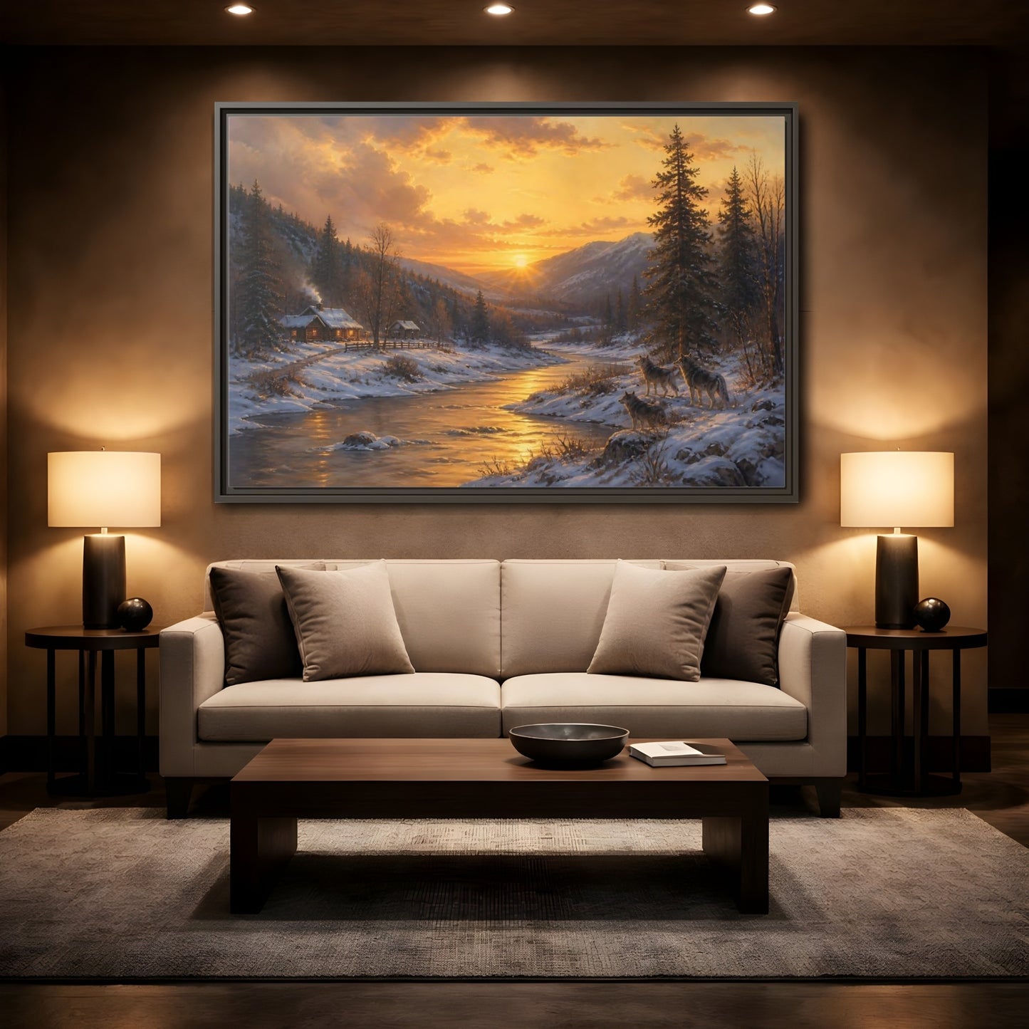 Mockup 2. Golden Sunset Wolf Pack shown as framed canvas print