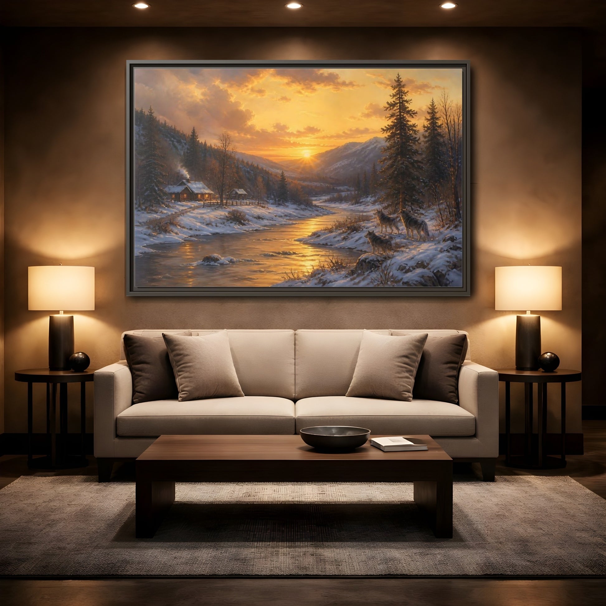 Mockup 2. Golden Sunset Wolf Pack shown as framed canvas print