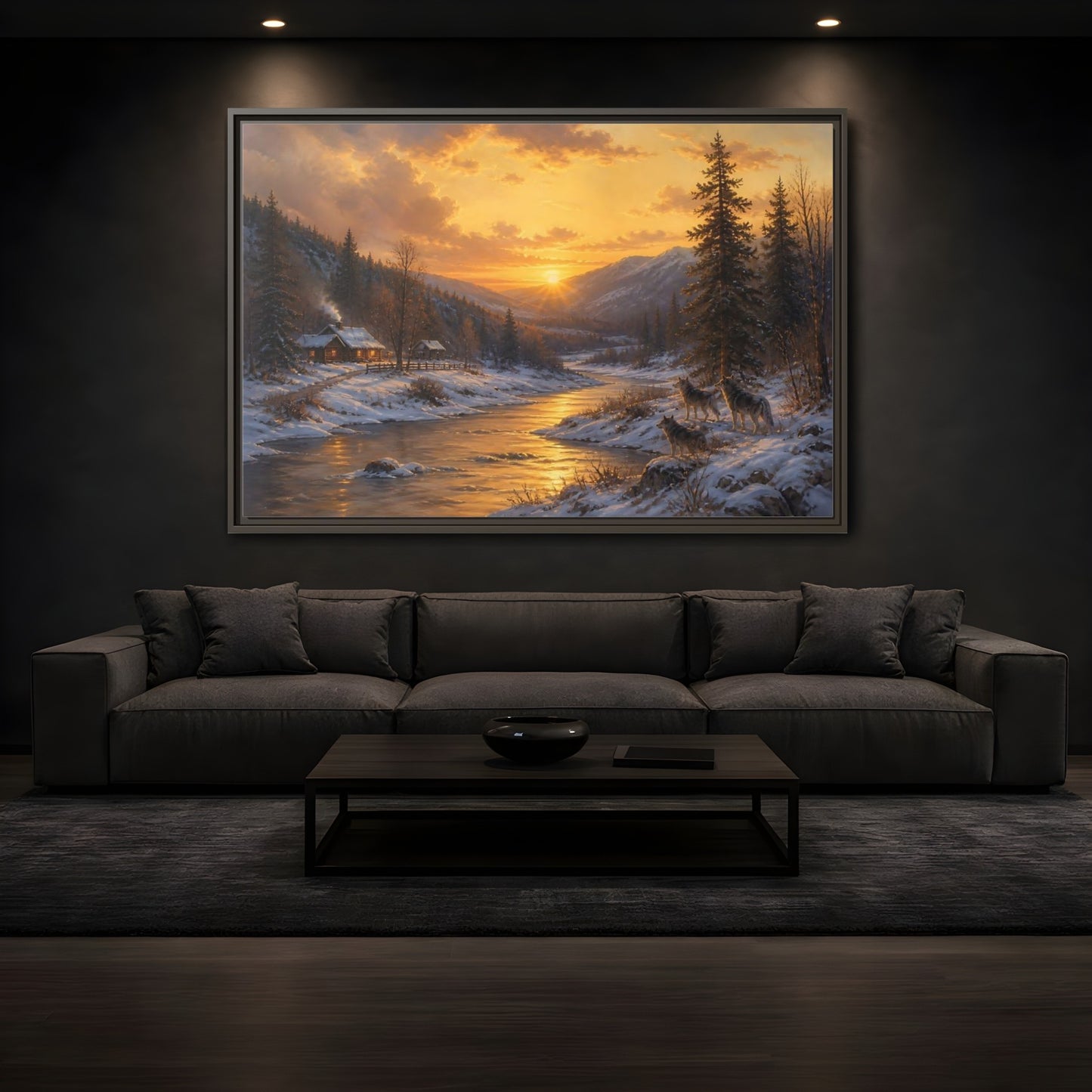 Mockup 3. Golden Sunset Wolf Pack shown as framed canvas print