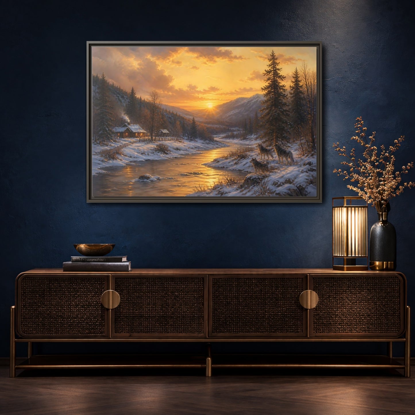 Mockup 4. Golden Sunset Wolf Pack shown as framed canvas print