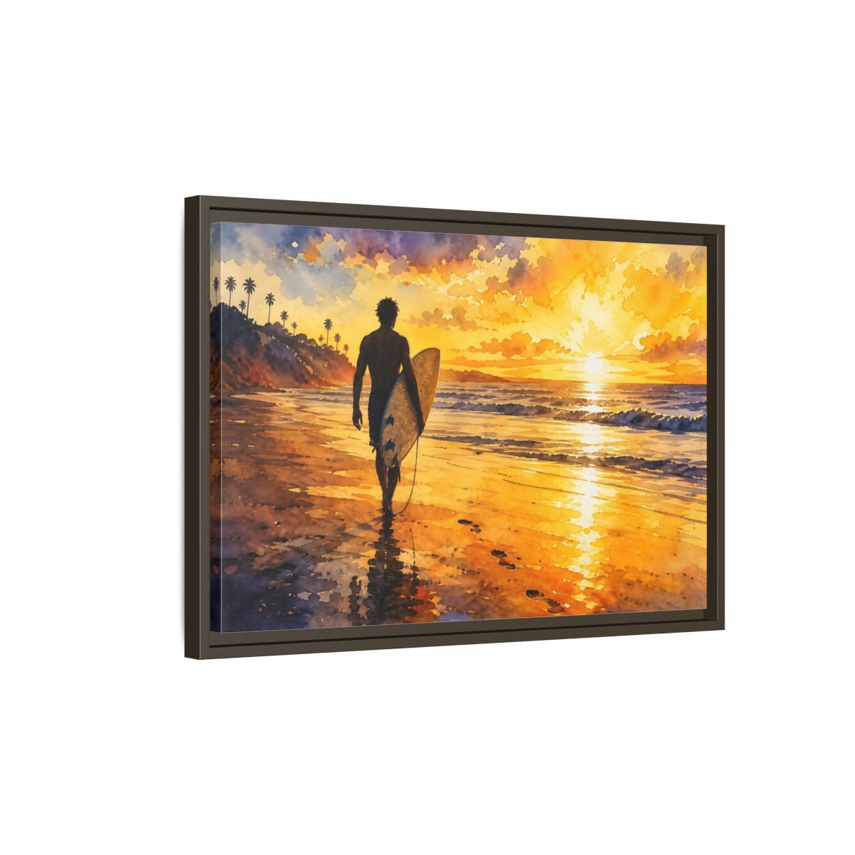 Side Mockup 2. Golden Surf Sunset shown as framed canvas print