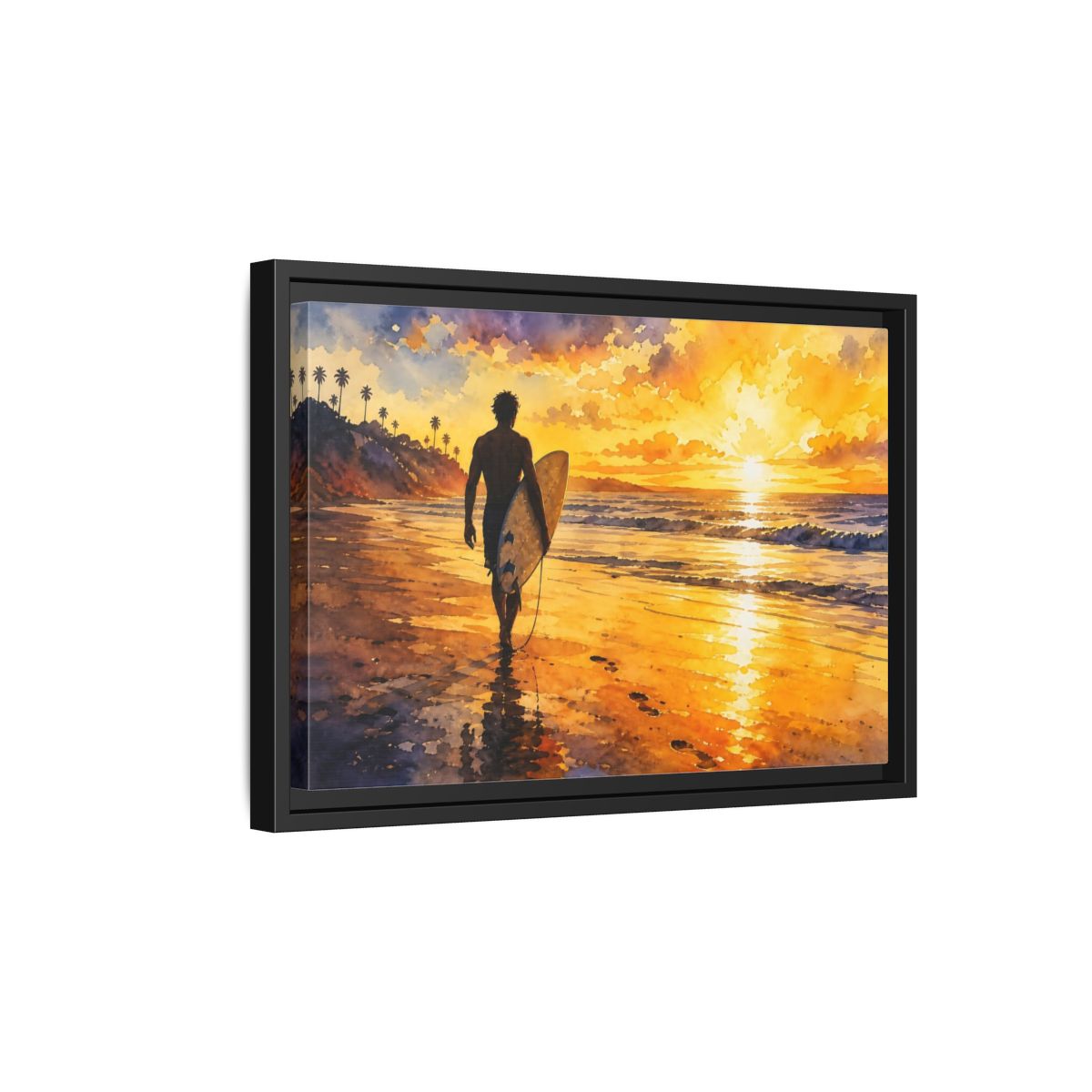 Side Mockup 6. Golden Surf Sunset shown as framed canvas print