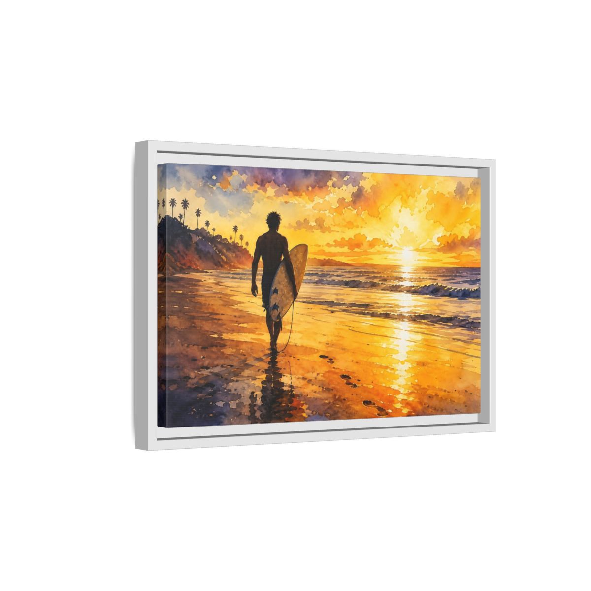 Side Mockup 4. Golden Surf Sunset shown as framed canvas print
