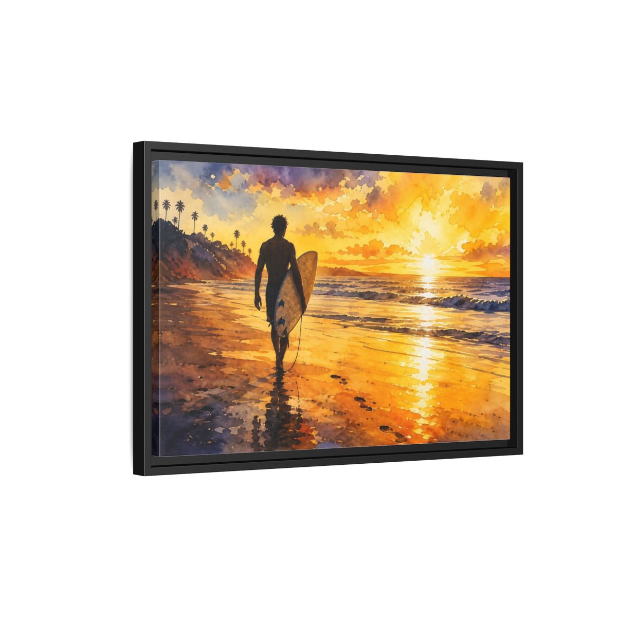 Side Mockup 3. Golden Surf Sunset shown as framed canvas print
