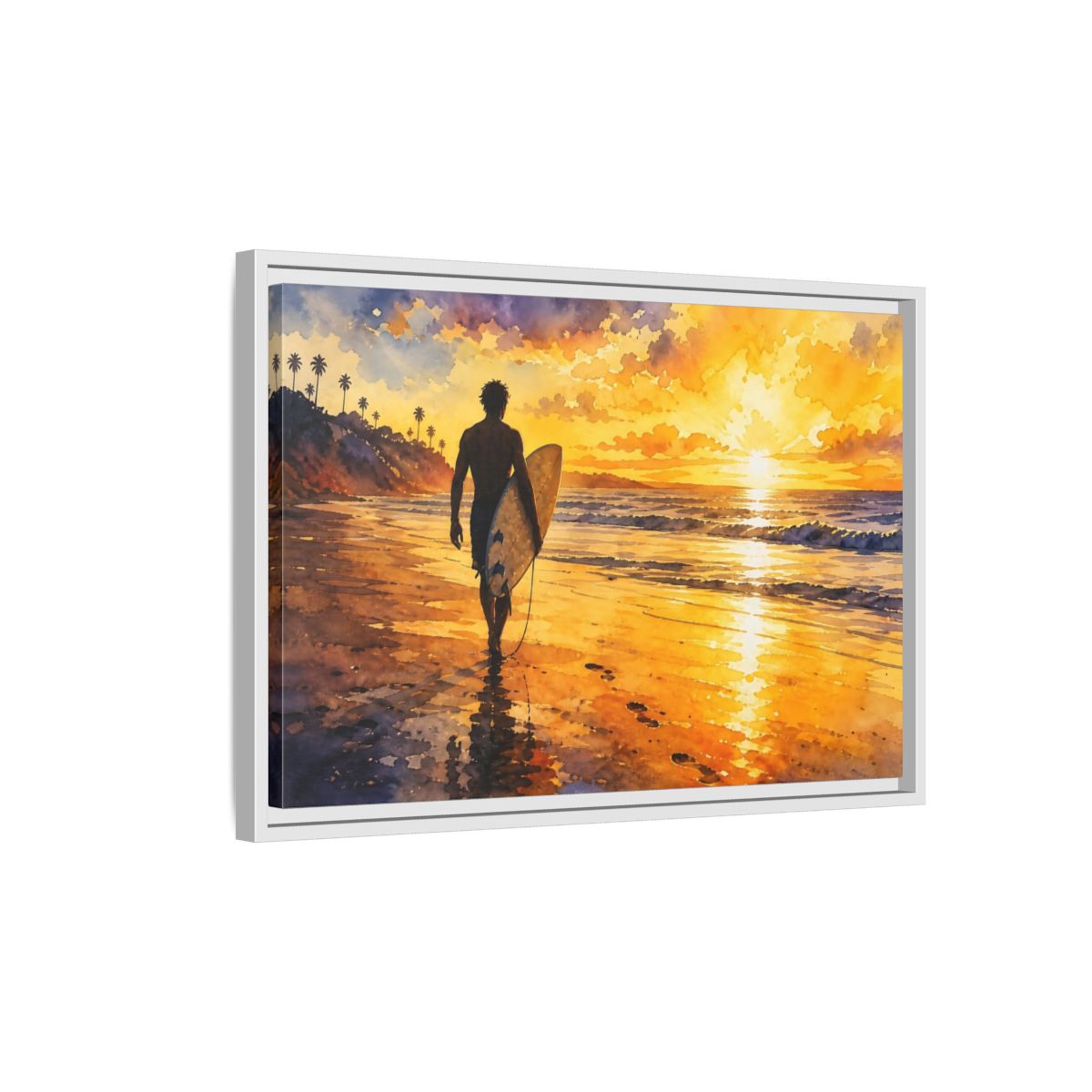 Side Mockup 1. Golden Surf Sunset shown as framed canvas print