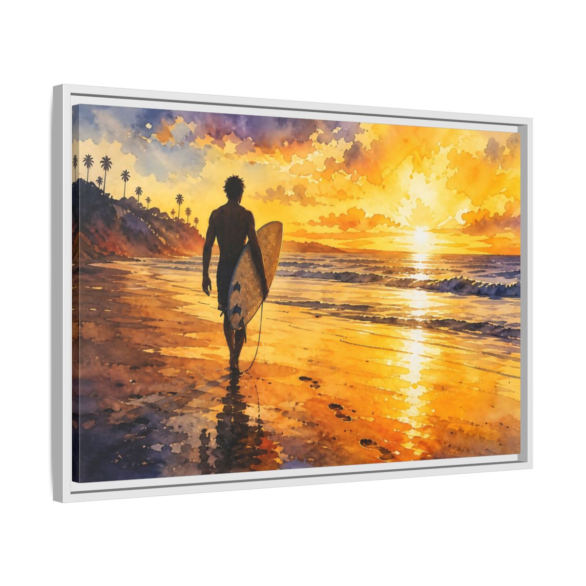 Side Mockup 10. Golden Surf Sunset shown as framed canvas print