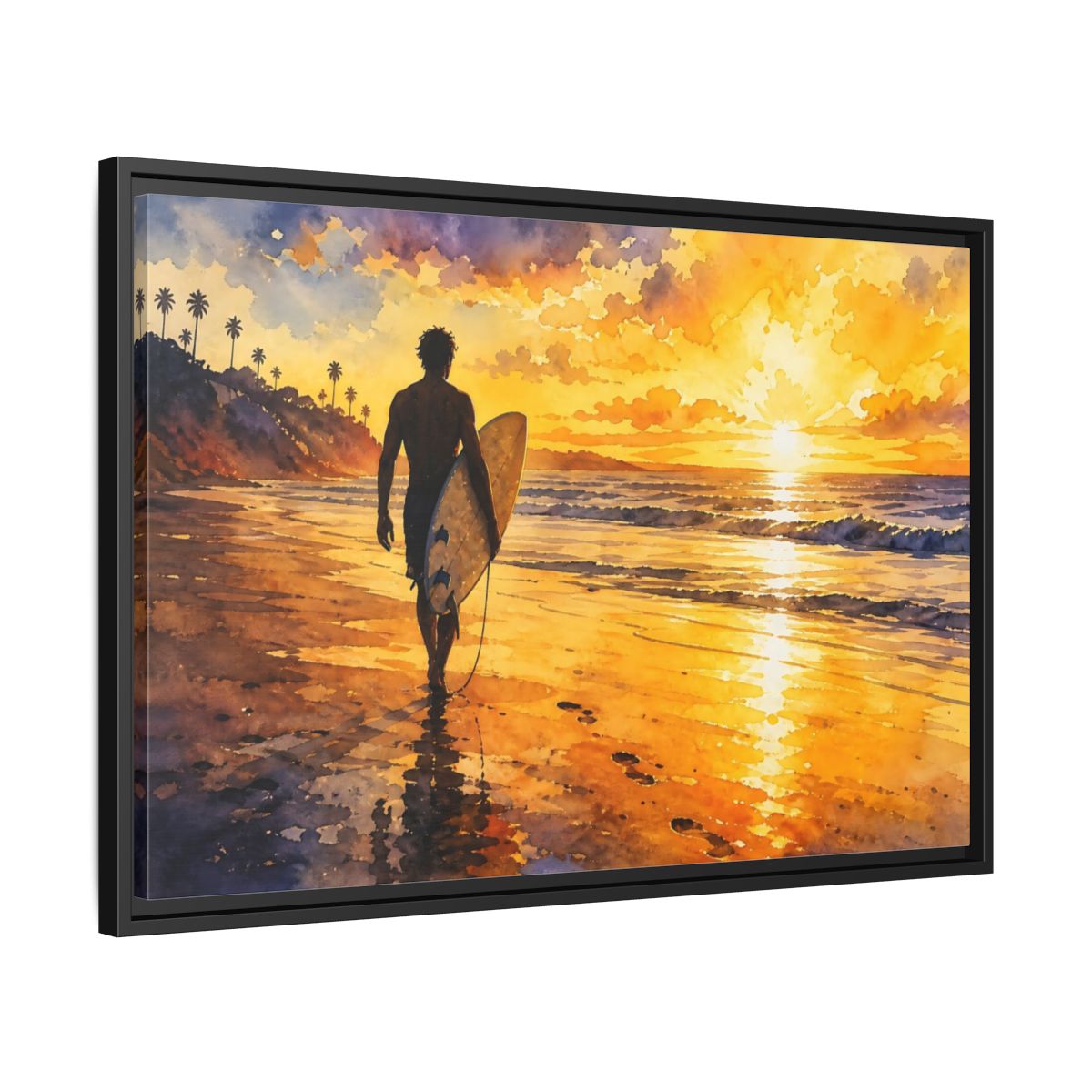 Side Mockup 14. Golden Surf Sunset shown as framed canvas print