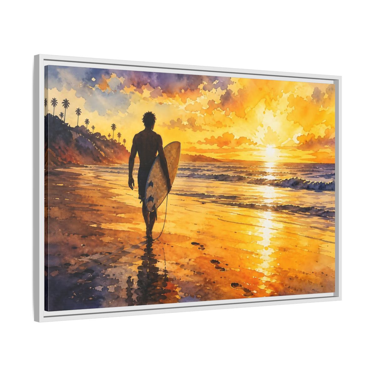 Side Mockup 9. Golden Surf Sunset shown as framed canvas print