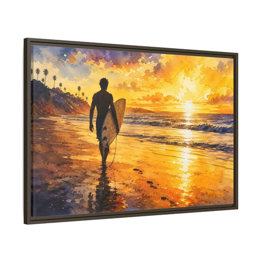 Main Mockup. Golden Surf Sunset shown as framed canvas print