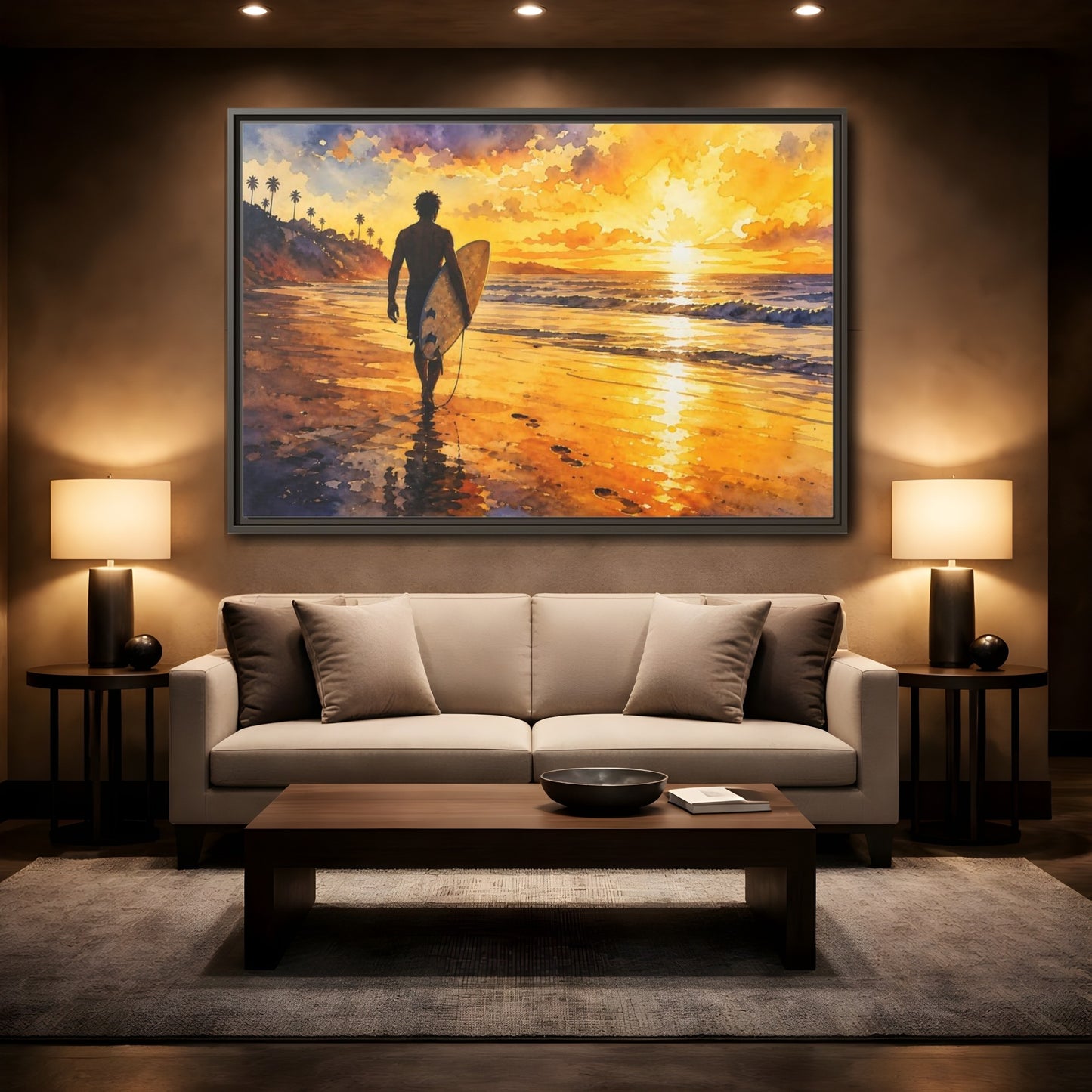 Mockup 2. Golden Surf Sunset shown as framed canvas print