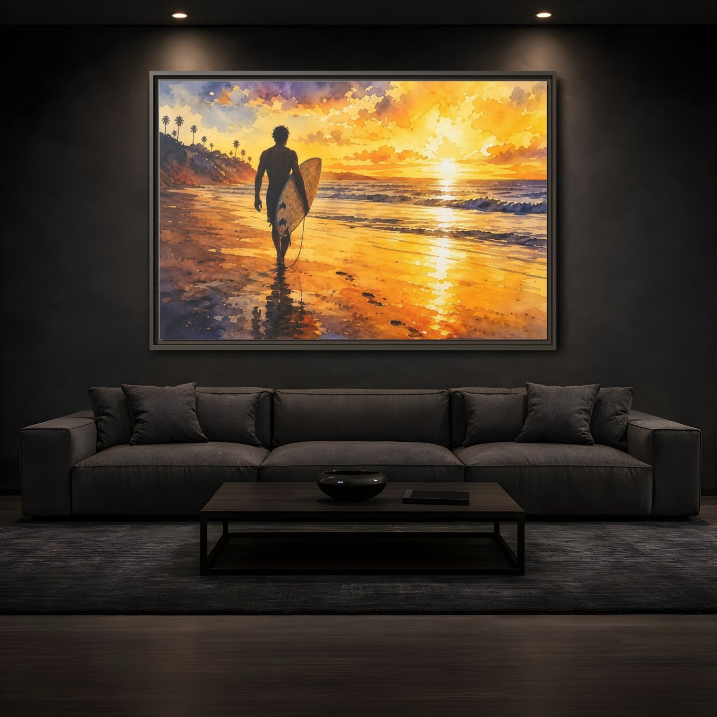 Mockup 3. Golden Surf Sunset shown as framed canvas print