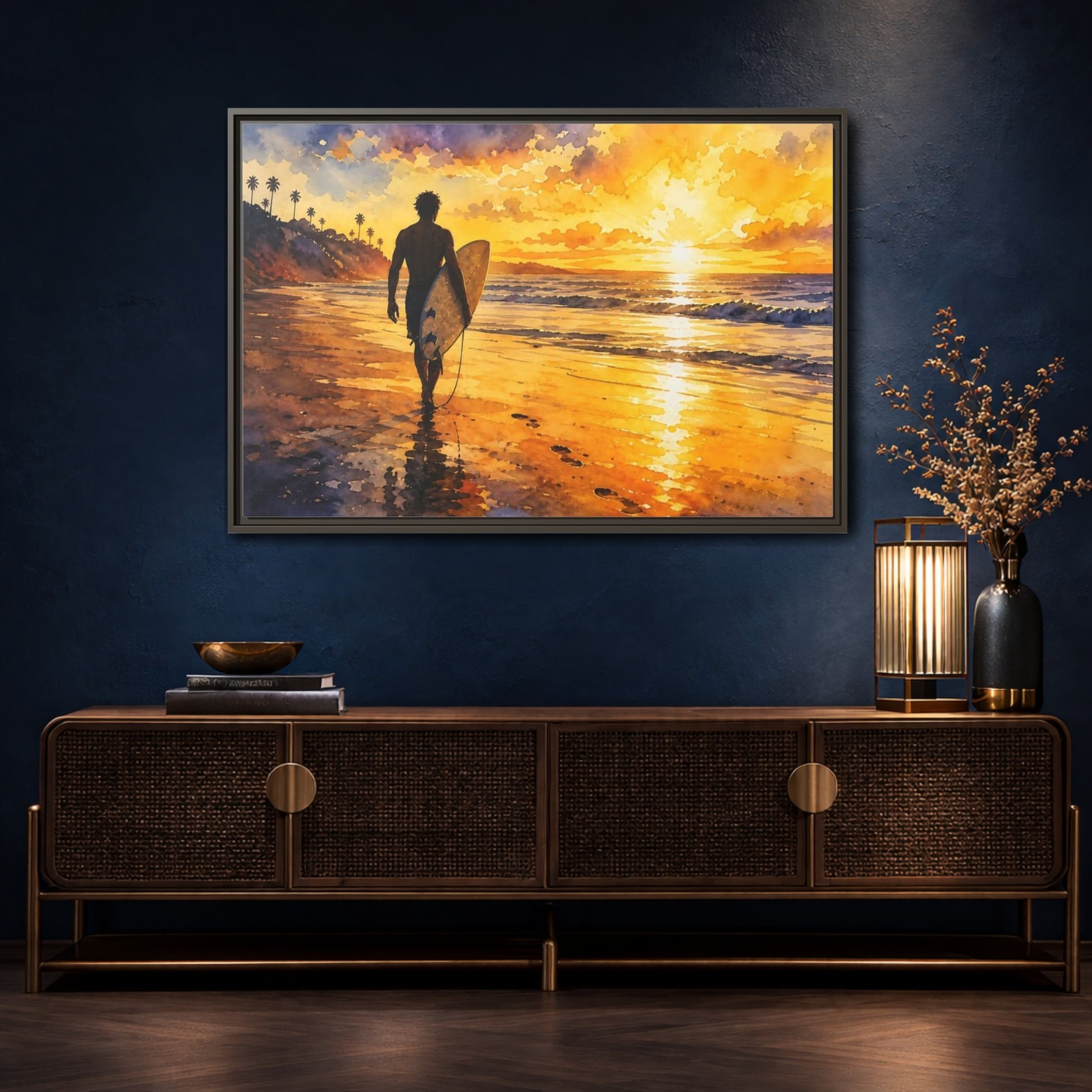 Mockup 4. Golden Surf Sunset shown as framed canvas print